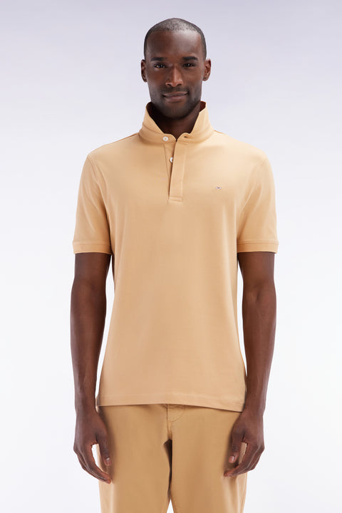 Slim-fit short-sleeved polo shirt in camel stretch cotton piqué - Image 1