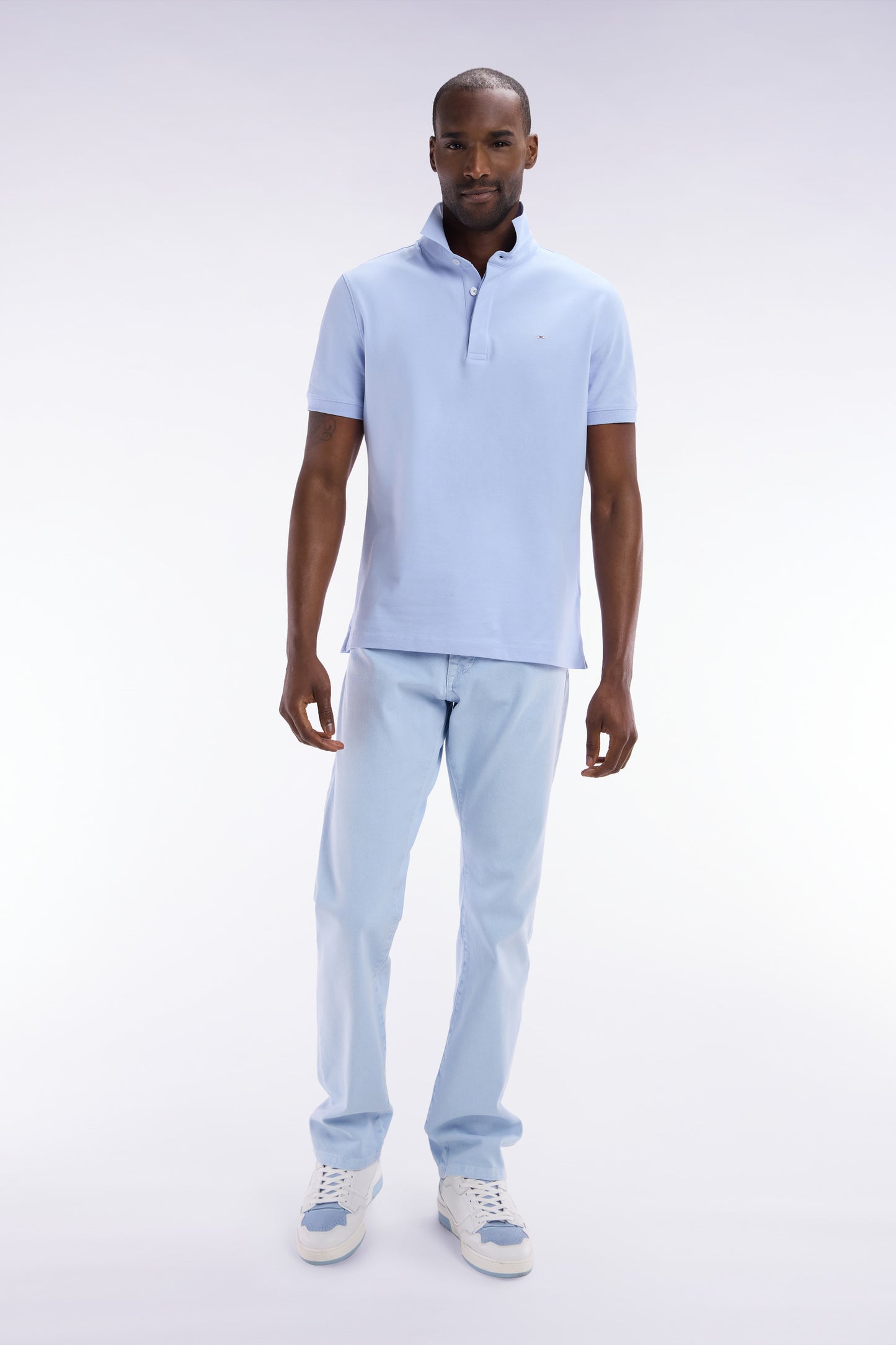 Slim-fit short-sleeved polo shirt in light blue stretch cotton piqué