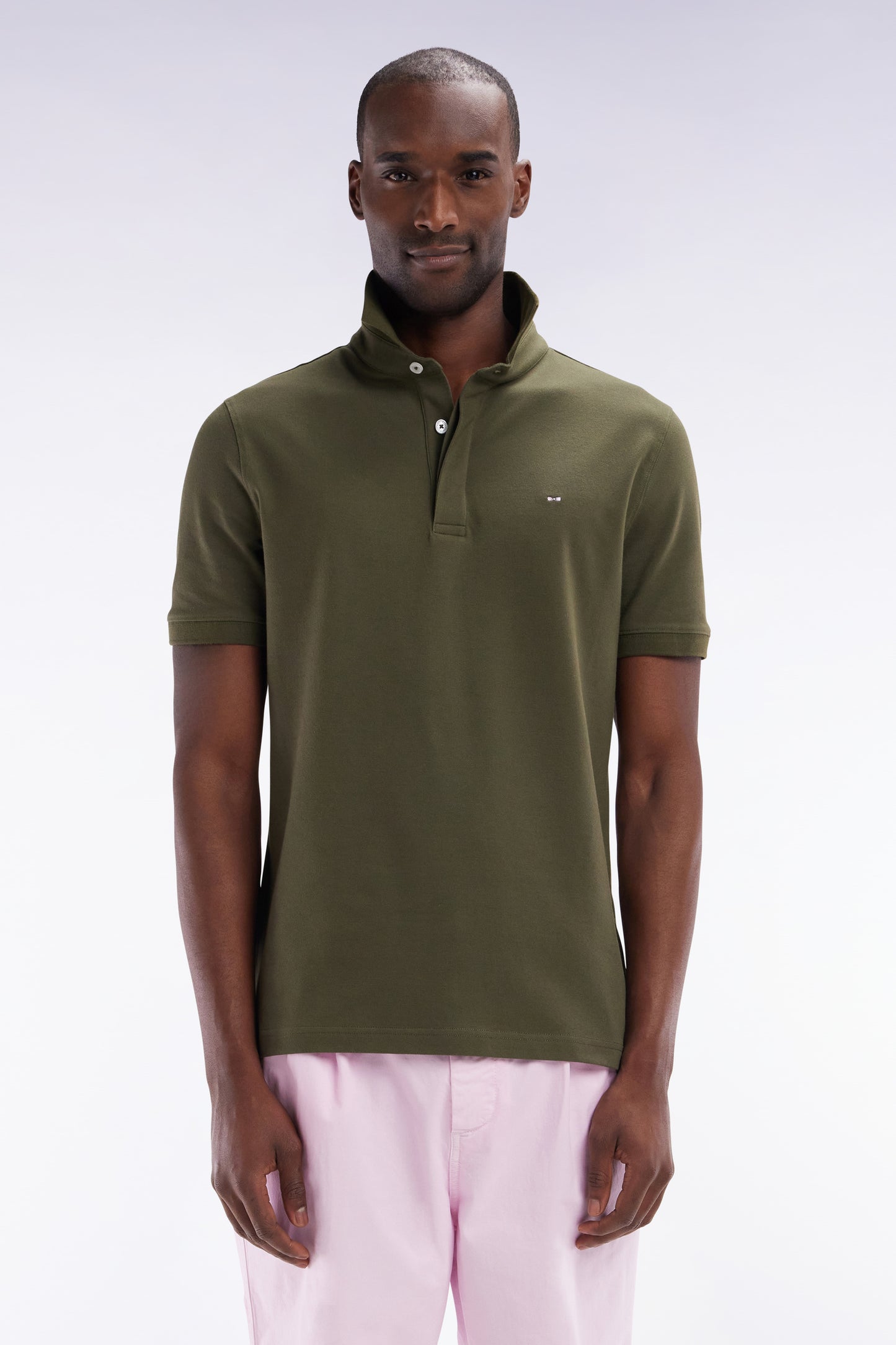 Slim-fit short-sleeved polo shirt in khaki stretch cotton piqué