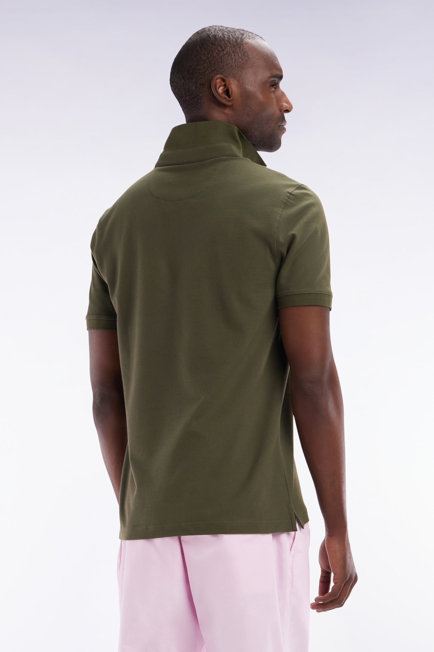 Slim-fit short-sleeved polo shirt in khaki stretch cotton piqué