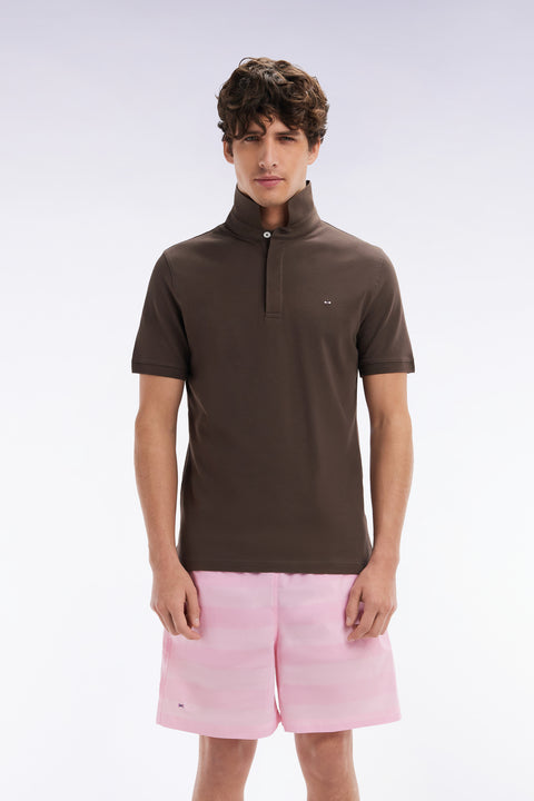 Slim-fit short-sleeved polo shirt in brown stretch cotton piqué - Image 1