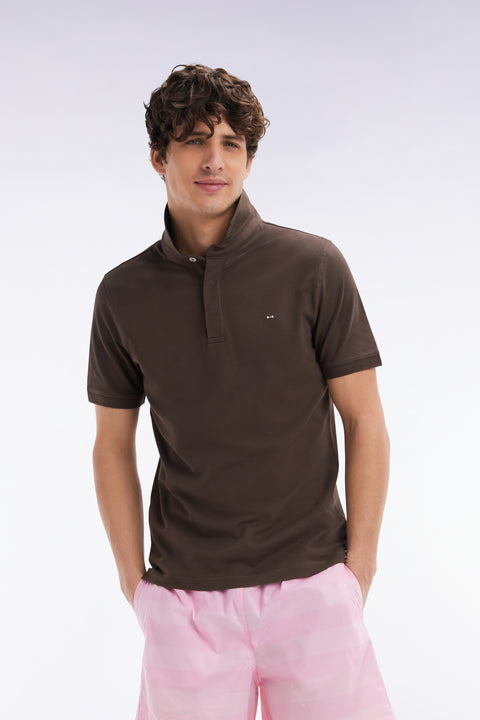 Slim-fit short-sleeved polo shirt in brown stretch cotton piqué - Image 3