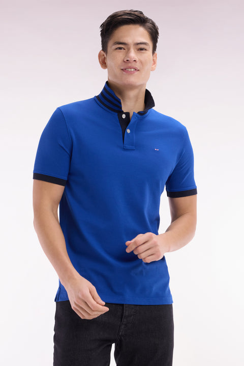 Polo à manches courtes en piqué de coton Pima bleu foncé dessous de col cerclé coupe droite - Image 3