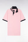 Straight-cut short-sleeved polo shirt in light pink Pima cotton piqué with striped under collar
