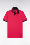 Straight-cut short-sleeved polo shirt in fuchsia Pima cotton piqué with striped under collar