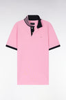 Straight-cut short-sleeved polo shirt in pink Pima cotton piqué with striped under collar