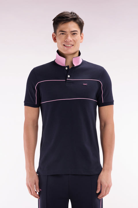 Polo à manches courtes en coton marine découpes passepoilées coupe droite - Image 1