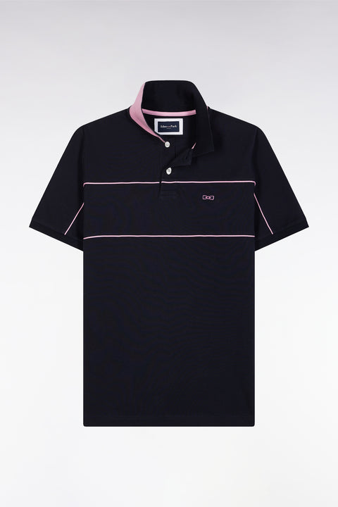 Polo à manches courtes en coton marine découpes passepoilées coupe droite - Image 2