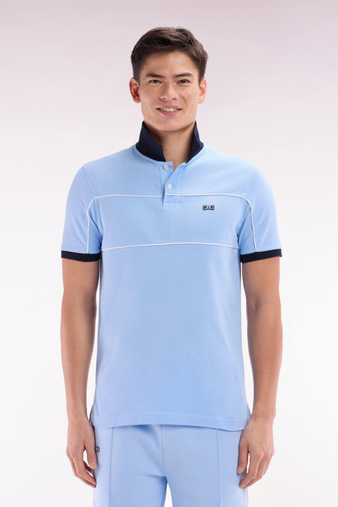Straight-fit short-sleeved polo shirt in sky blue cotton piqué with piped cut-outs - Image 1