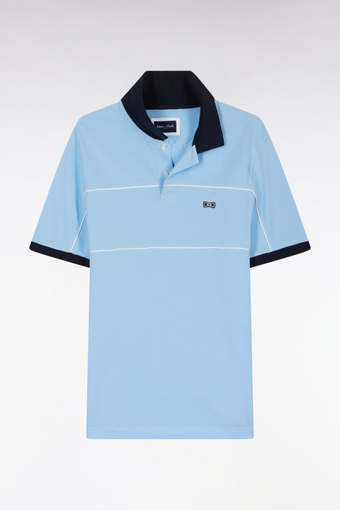 Straight-fit short-sleeved polo shirt in sky blue cotton piqué with piped cut-outs - Image 2