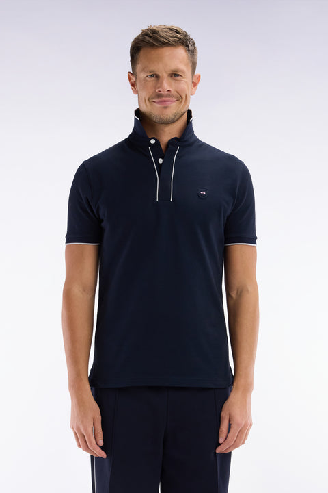 Slim-fit short-sleeved polo shirt in navy stretch cotton piqué - Image 1