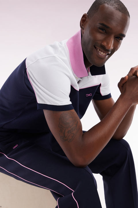 Polo à manches courtes en coton marine colorblock coupe droite - Image 3