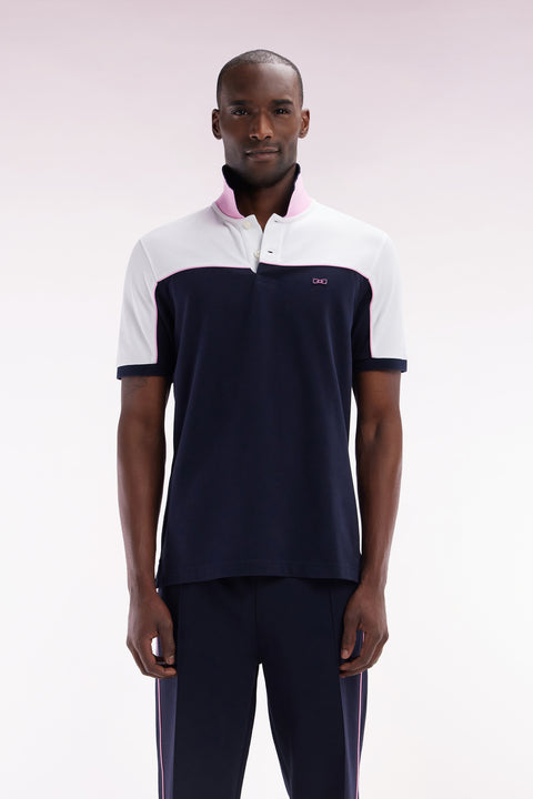 Polo à manches courtes en coton marine colorblock coupe droite - Image 1