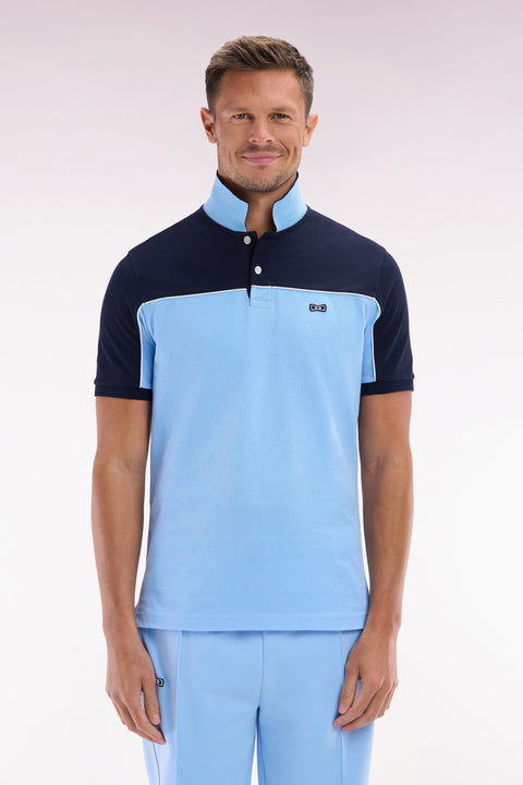 Straight-cut sky blue colorblock short-sleeved cotton piqué polo shirt - Image 1