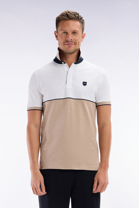 Polo à manches courtes en coton stretch bicolore beige coupe ajustée - Image 1