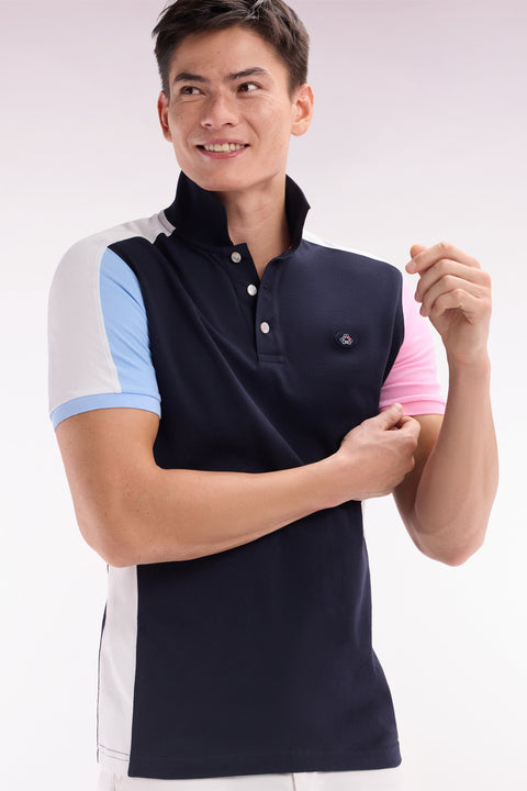 Polo à manches courtes colorblock en coton bleu marine coupe droite - Image 3