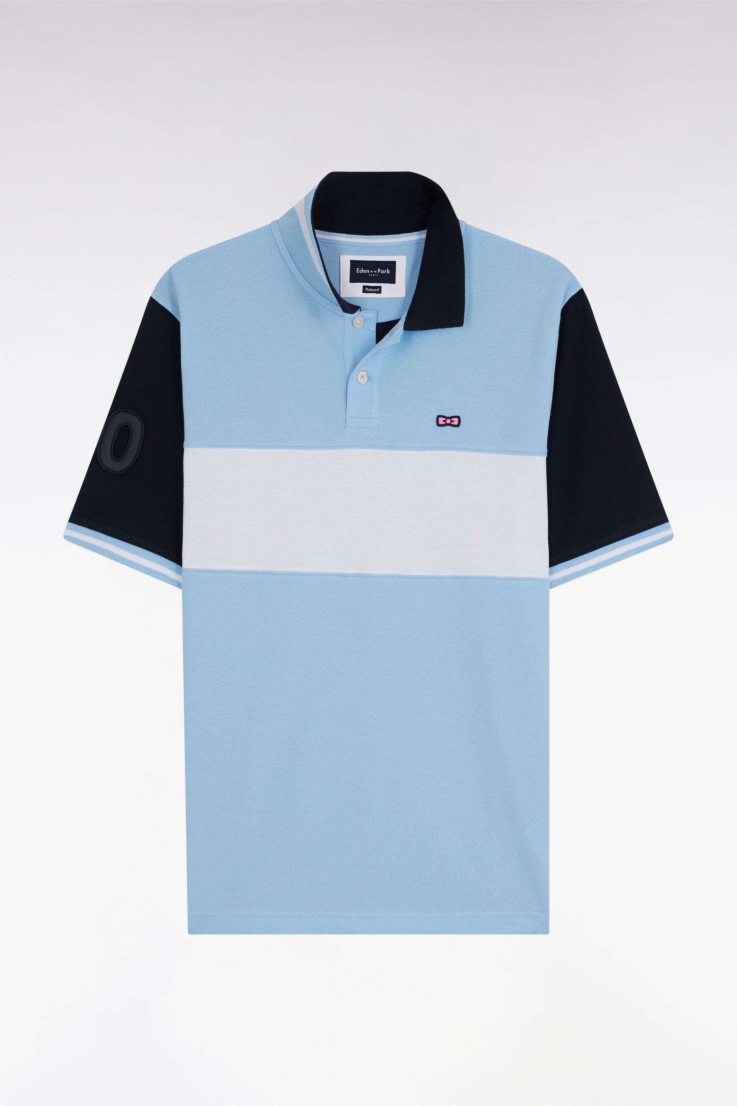 Relaxed-fit short-sleeved sky blue cotton piqué polo shirt with contrasting stripe