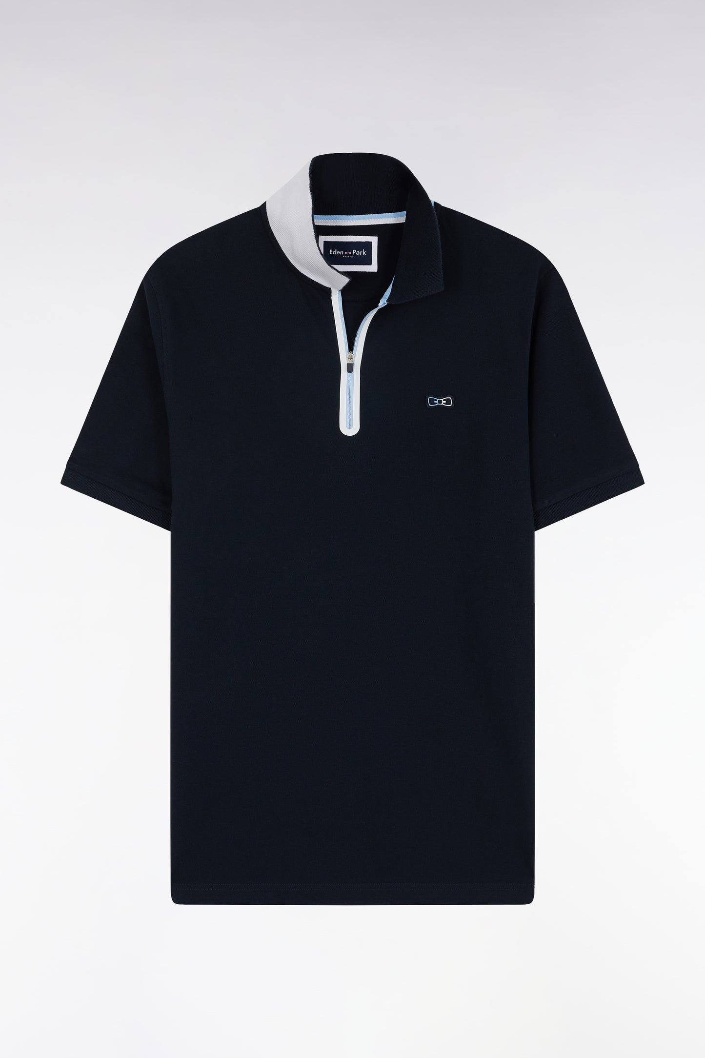 Polo zippé à manches courtes en coton stretch marine coupe ajustée