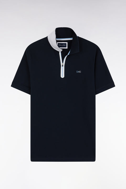 Polo zippé à manches courtes en coton stretch marine coupe ajustée - Image 1