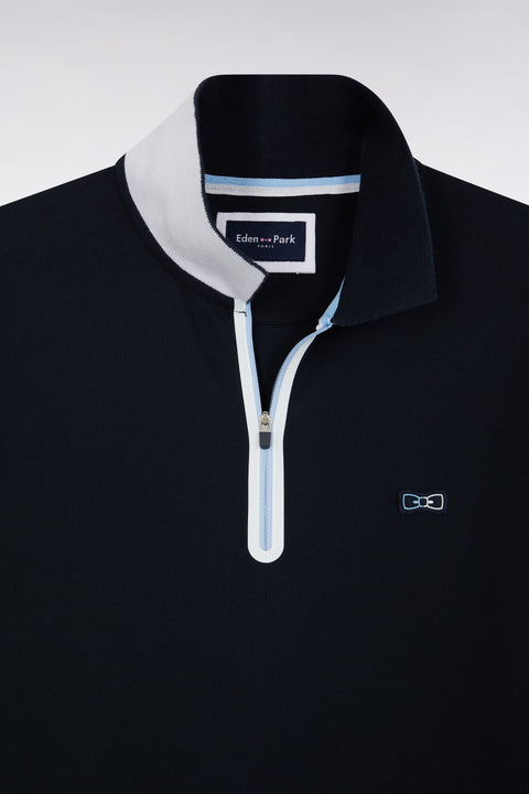 Polo zippé à manches courtes en coton stretch marine coupe ajustée - Image 2