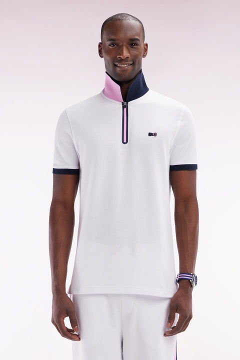 Polo zippé à manches courtes en coton stretch blanc coupe ajustée - Image 1