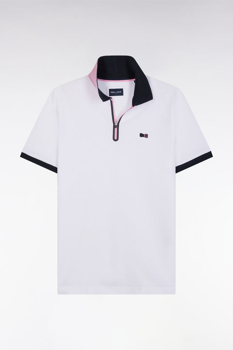 Polo zippé à manches courtes en coton stretch blanc coupe ajustée - Image 2