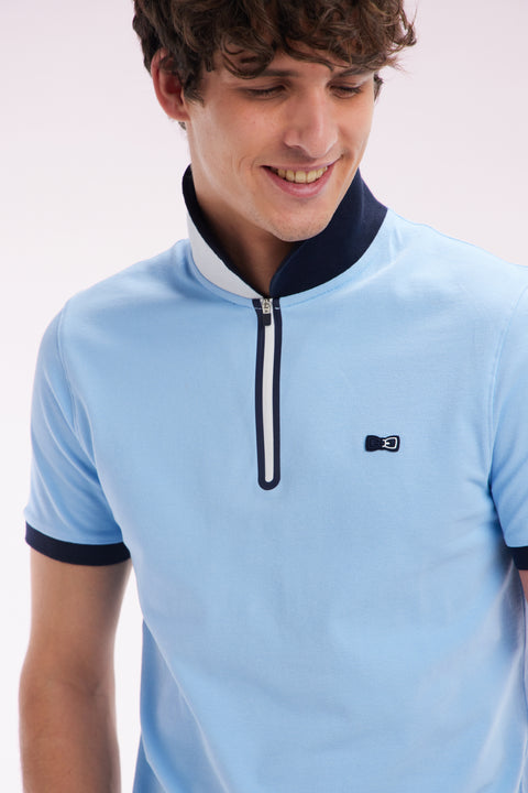 Polo zippé à manches courtes en coton stretch ciel coupe ajustée - Image 3