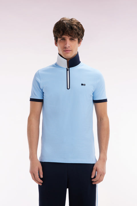 Polo zippé à manches courtes en coton stretch ciel coupe ajustée - Image 1