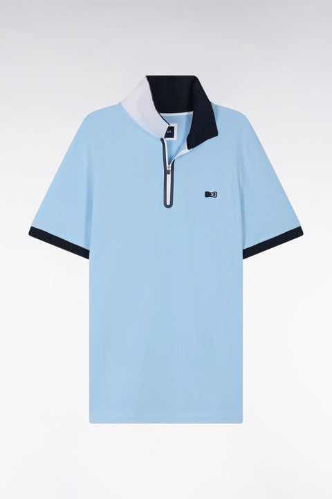 Polo zippé à manches courtes en coton stretch ciel coupe ajustée - Image 2