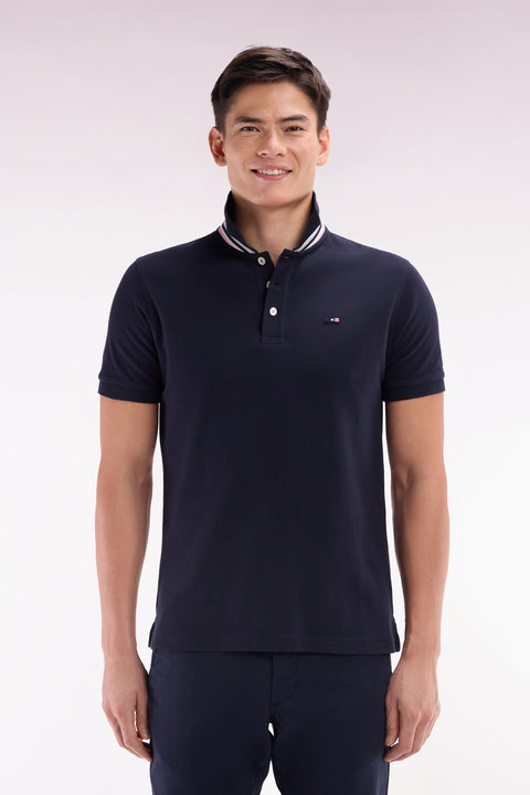 Polo à manches courtes en piqué coton marine broderie tricolore coupe droite - Image 1