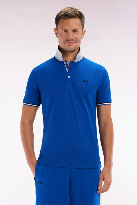 Straight-fit short-sleeved polo shirt in blue cotton with contrasting collar - Image 1