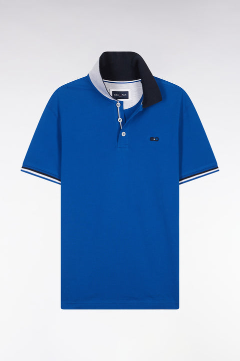 Straight-fit short-sleeved polo shirt in blue cotton with contrasting collar - Image 2