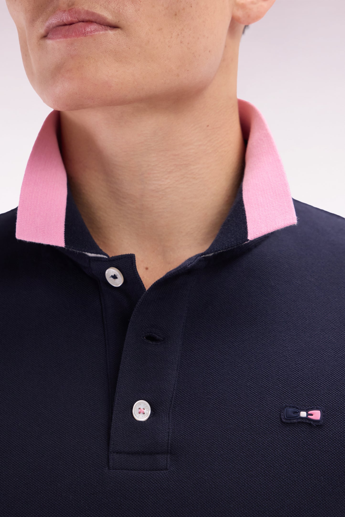 Straight-fit short-sleeved polo shirt in navy cotton with two-tone Eden Park jacquard collar