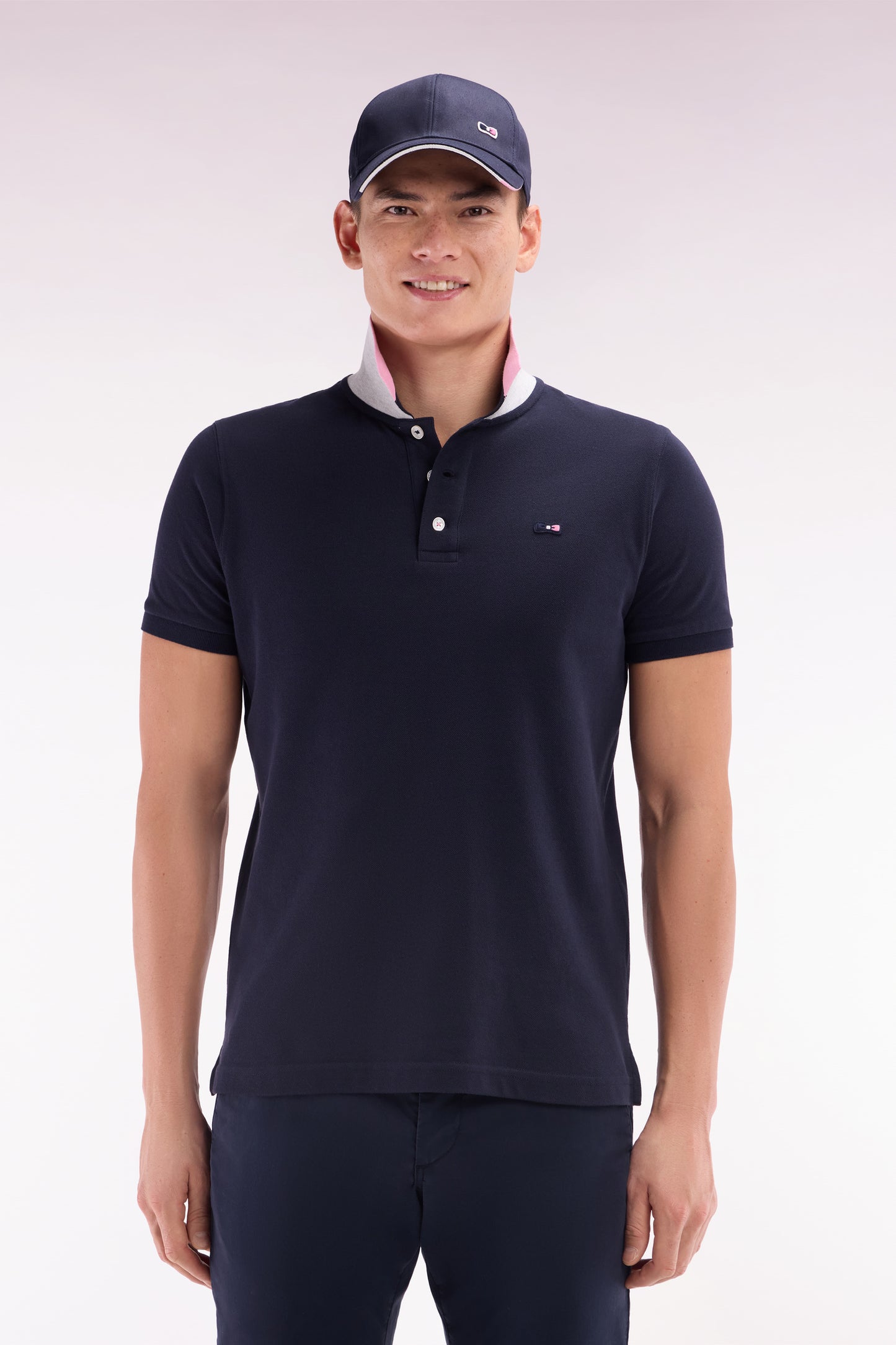 Straight-fit short-sleeved polo shirt in navy cotton with two-tone Eden Park jacquard collar