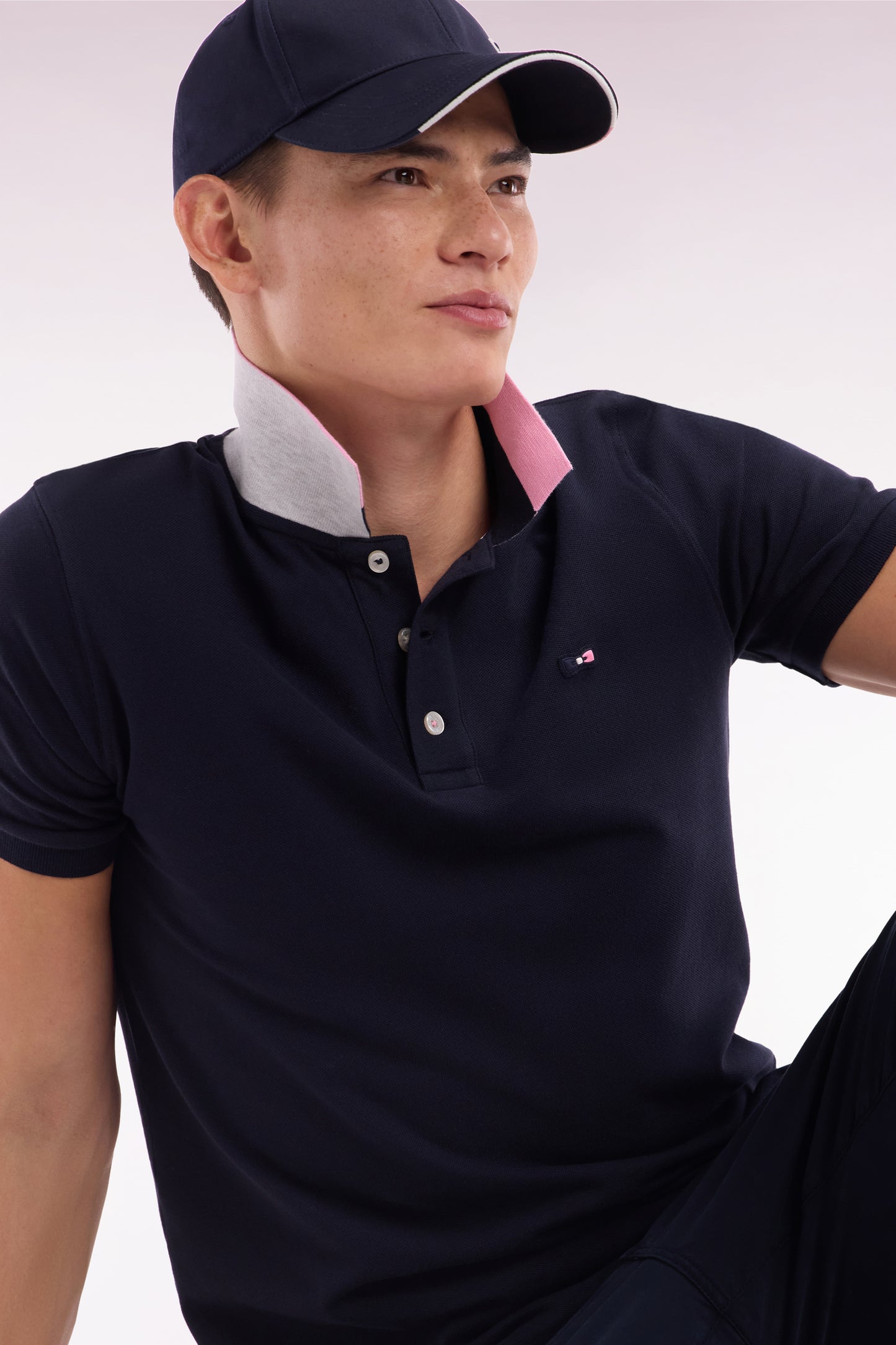 Straight-fit short-sleeved polo shirt in navy cotton with two-tone Eden Park jacquard collar