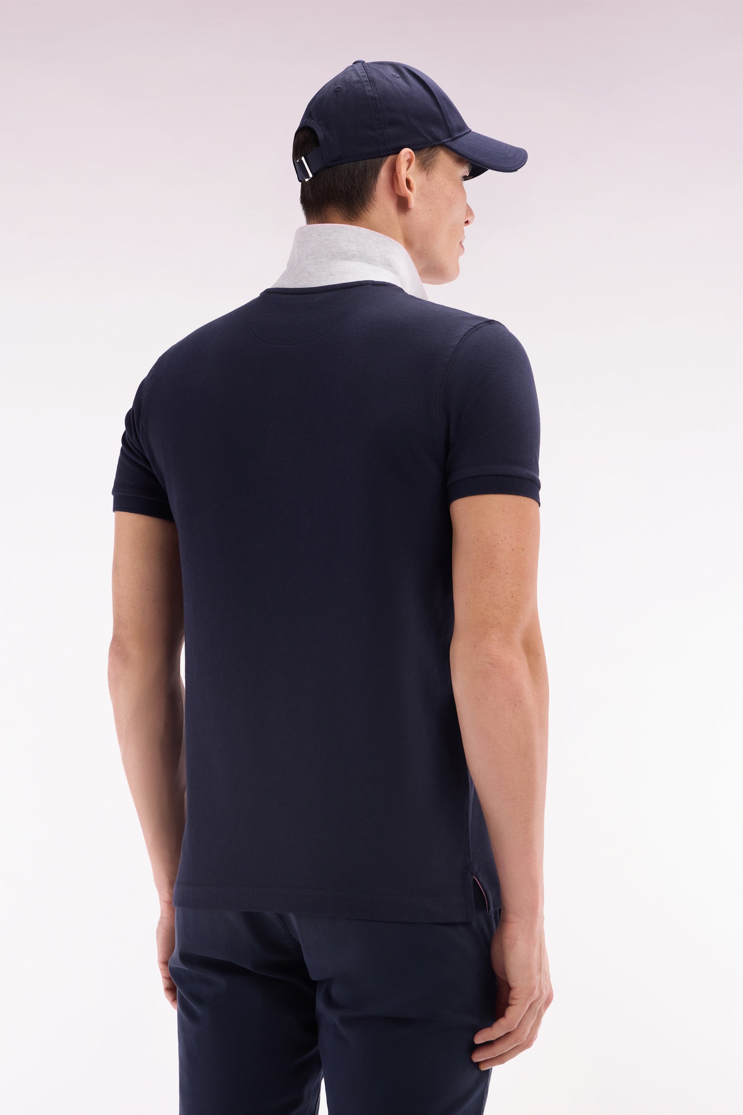 Straight-fit short-sleeved polo shirt in navy cotton with two-tone Eden Park jacquard collar