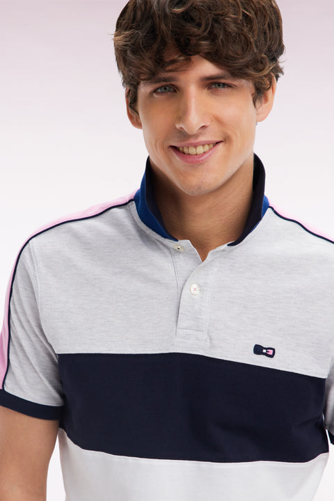 Straight-fit short-sleeved polo shirt in navy white and grey tricolor cotton - Image 3