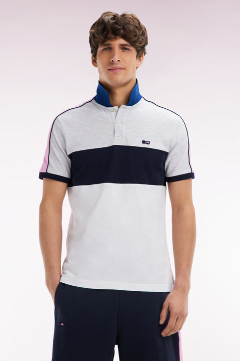 Straight-fit short-sleeved polo shirt in navy white and grey tricolor cotton - Image 1