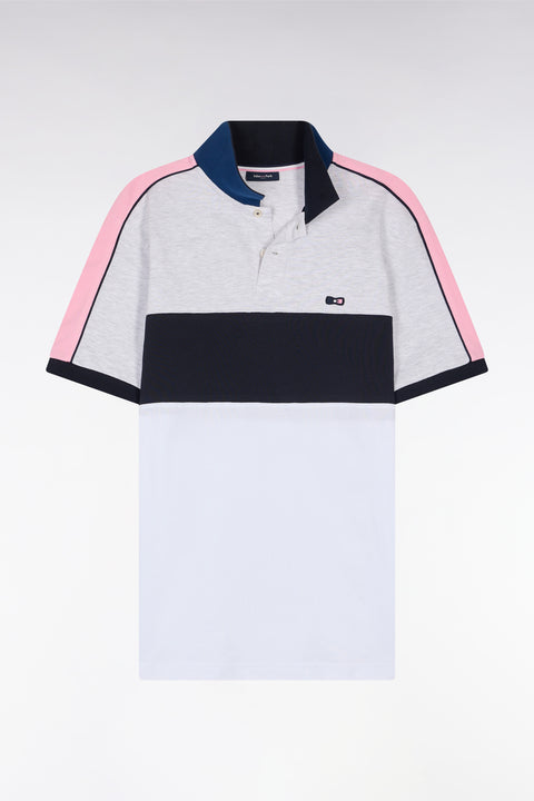 Straight-fit short-sleeved polo shirt in navy white and grey tricolor cotton - Image 2