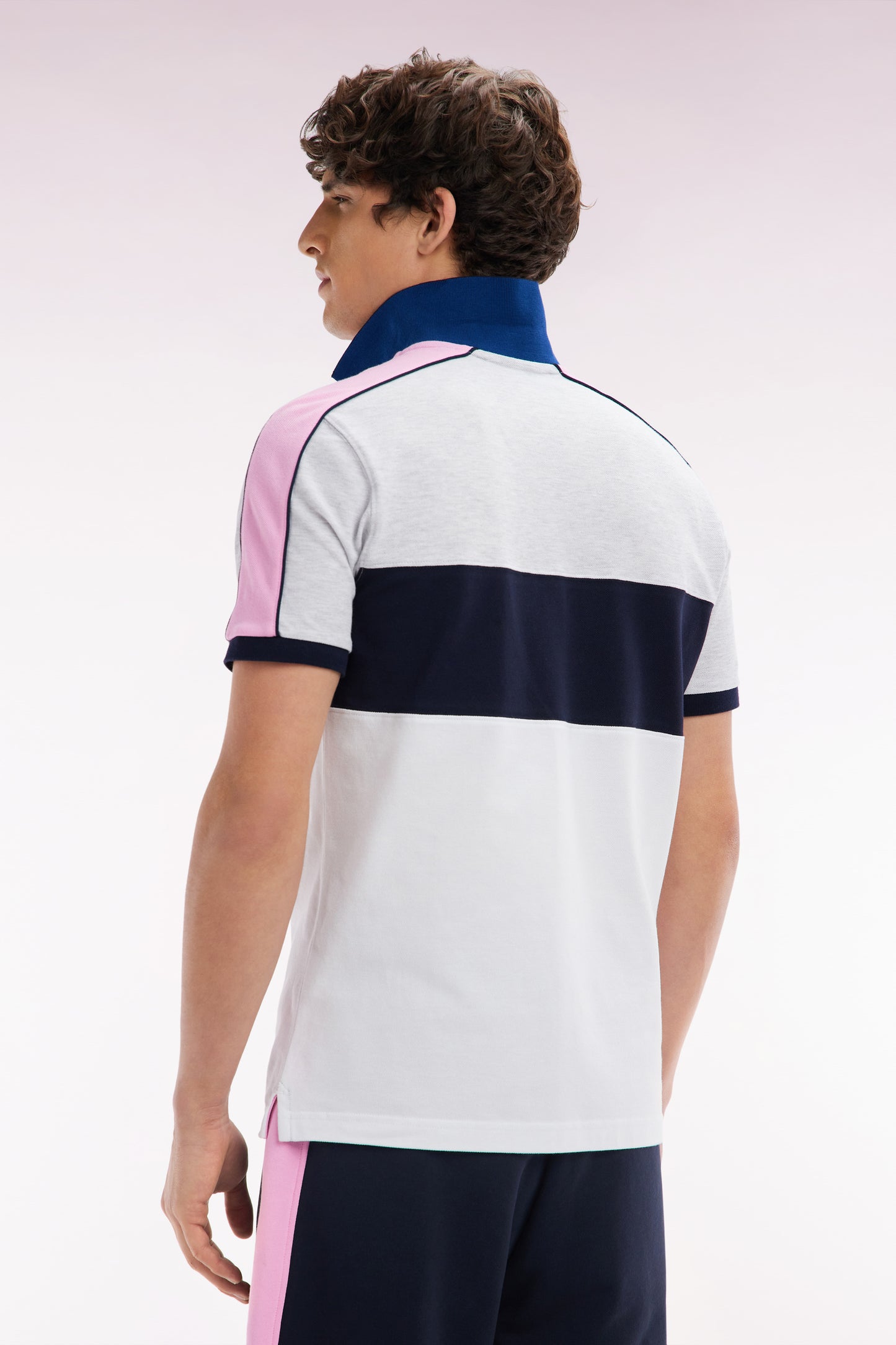Straight-fit short-sleeved polo shirt in navy white and grey tricolor cotton