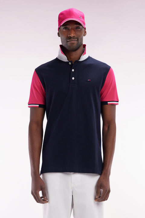 Straight-fit short-sleeved colorblock polo shirt in fuchsia cotton - Image 1