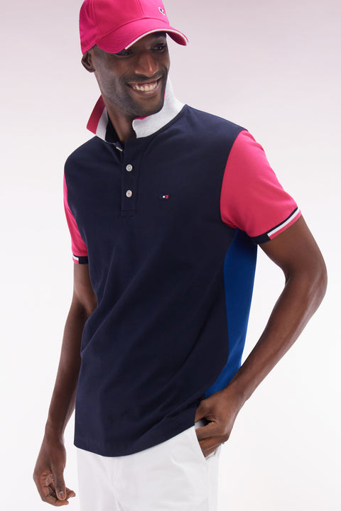 Straight-fit short-sleeved colorblock polo shirt in fuchsia cotton - Image 3