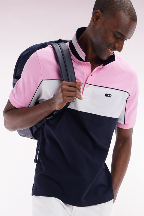 Polo à manches courtes en coton tricolore rose dessous de col rayé coupe droite - Image 3
