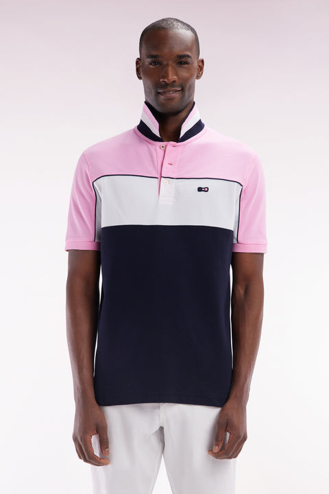 Polo à manches courtes en coton tricolore rose dessous de col rayé coupe droite - Image 1