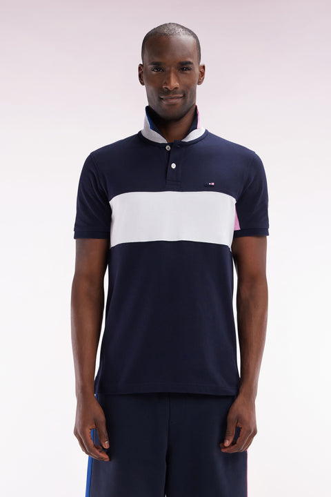 Polo à manches courtes colorblock en coton marine détails roses et blancs coupe droite - Image 1