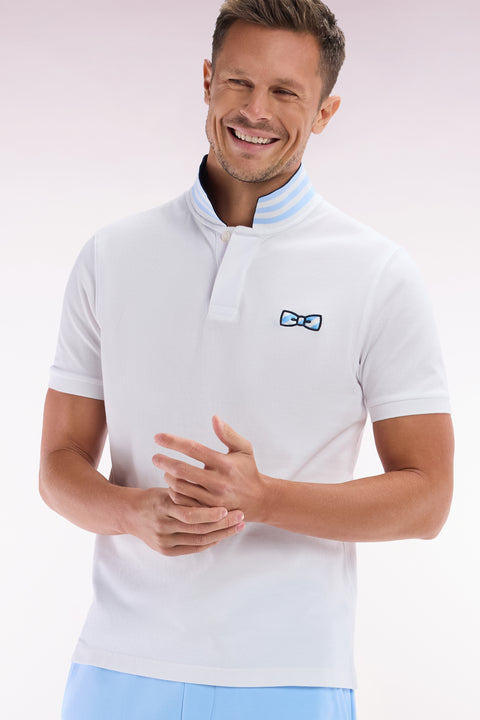 Straight-fit short-sleeved polo shirt in white cotton with striped undercollar - Image 3