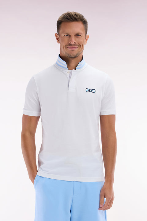 Straight-fit short-sleeved polo shirt in white cotton with striped undercollar - Image 1