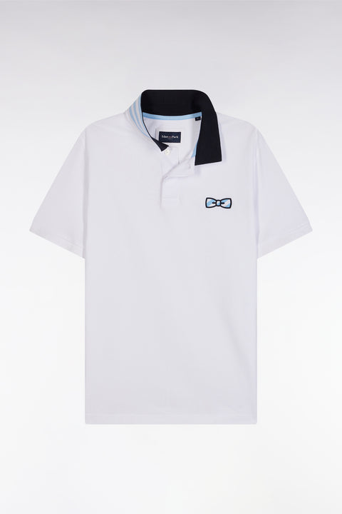 Straight-fit short-sleeved polo shirt in white cotton with striped undercollar - Image 2