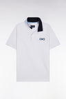 Straight-fit short-sleeved polo shirt in white cotton with striped undercollar