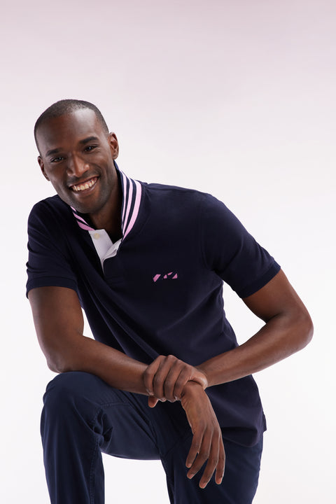 Polo à manches courtes en coton marine dessous de col cerclé coupe droite - Image 3